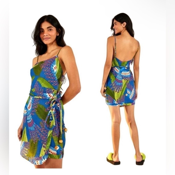 NWT Farm Rio Blue Macaw Mini Wrap Dress - Picture 2 of 8